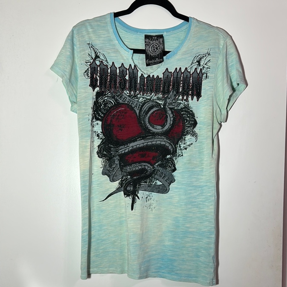 Crash & Burn Light Blue Tee with Red and Black  heart with snake